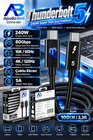 Thunderbolt 5 USB-C Kablo 240W Süper Hızlı Şarj 80Gbps Süper Hızlı Veri Aktarım 100 cm Siyah CCH19-007