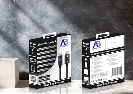 Thunderbolt 5 USB-C Kablo 240W Süper Hızlı Şarj 80Gbps Süper Hızlı Veri Aktarım 100 cm Siyah CCH19-007