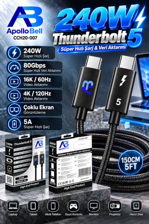 240W Thunderbolt 5 USB-C Hızlı Şarj Kablosu Samsung iPhone Xiaomi iPad Tablet MacBook Uyumlu 150 cm Siyah CCH20-007