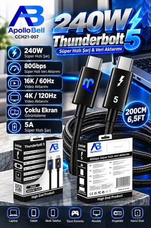 Thunderbolt 5 USB-C Kablo 240W 5A Süper Hızlı Şarj 80Gbps Süper Hızlı Veri Aktarım 200 cm/Siyah CCH21-007