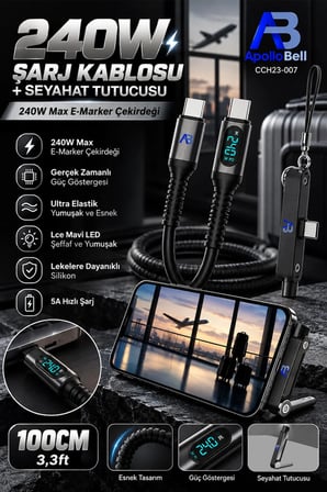 240W Süper Hızlı Şarj Kablosu ve Şarj Özellikli USB-C Telefon Tutucu 360° Döner Masaüstü Stand 100 cm Siyah CCH23-007