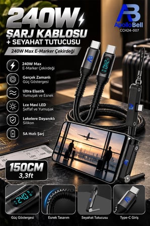 240W Şarj Kablosu + Seyahat Tutucusu, Gerçek Zamanlı Güç Göstergeli Siyah 150 cm/5 ft CCH24-007
