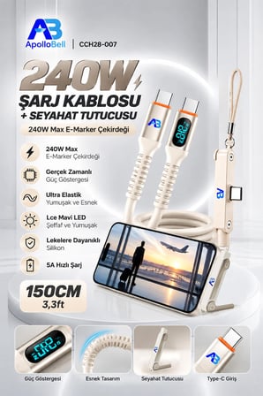 240W Şarj Kablosu + Seyahat Tutucusu, Gerçek Zamanlı Güç Göstergeli Beyaz 150 cm/5 ft CCH28-007