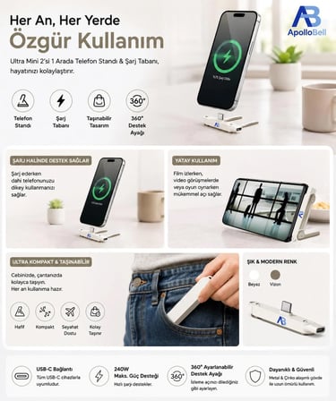 240W Hızlı Şarj Destekli Telefon Standı 360° Dönebilen USB-C Uyumlu 480Mbps Veri Aktarımı Beyaz DHP02-007