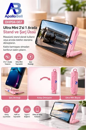 240W Şarj Portlu Telefon Standı 360° Dönebilen USB-C Uyumlu 480Mbps Veri Aktarımı Pembe DHP04-007
