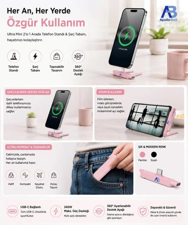 240W Şarj Portlu Telefon Standı 360° Dönebilen USB-C Uyumlu 480Mbps Veri Aktarımı Pembe DHP04-007
