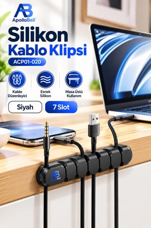 Silikon Kablo Düzenleyici Klips 7 Slot Kablo Tutucu Organizer Masaüstü Kablo Toplayıcı USB Type-C Siyah ACP01-020