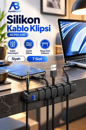 Silikon Kablo Düzenleyici Klips 7 Slot Kablo Tutucu Organizer Masaüstü Kablo Toplayıcı USB Type-C Siyah ACP01-020