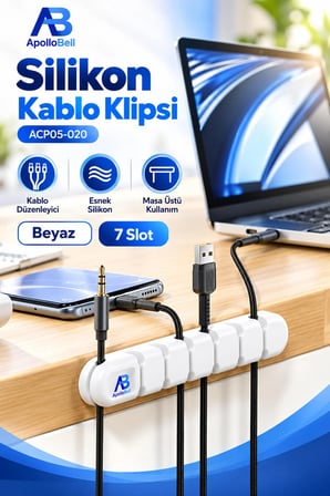 Silikon Kablo Düzenleyici Klips 7 Slot Kablo Tutucu Organizer Masaüstü Kablo Toplayıcı USB Type-C Beyaz ACP05-020