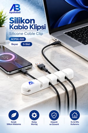 Silikon Kablo Düzenleyici Klips 5 Slot Kablo Tutucu Organizer Masaüstü Kablo Toplayıcı USB Type-C Beyaz ACP06-020