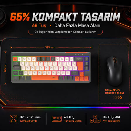 Lecoo GK680 Üç Modlu RGB Gaming Klavye Bluetooth, Kablosuz 2.4GHz ve Kablolu Şarjlı 68 Tuş Membran Türkçe Q Oyuncu Klavyesi