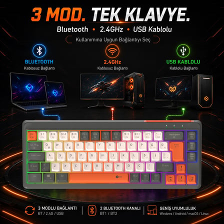 Lecoo GK680 Üç Modlu RGB Gaming Klavye Bluetooth, Kablosuz 2.4GHz ve Kablolu Şarjlı 68 Tuş Membran Türkçe Q Oyuncu Klavyesi