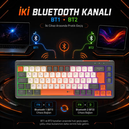 Lecoo GK680 Üç Modlu RGB Gaming Klavye Bluetooth, Kablosuz 2.4GHz ve Kablolu Şarjlı 68 Tuş Membran Türkçe Q Oyuncu Klavyesi