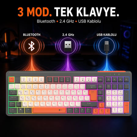 Lecoo GK104 Üç Modlu RGB Gaming Klavye Bluetooth, Kablosuz 2.4GHz ve Kablolu Şarj Edilebilir Membran Türkçe Q Oyuncu Klavyesi