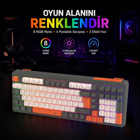 Lecoo GK104 Üç Modlu RGB Gaming Klavye Bluetooth, Kablosuz 2.4GHz ve Kablolu Şarj Edilebilir Membran Türkçe Q Oyuncu Klavyesi