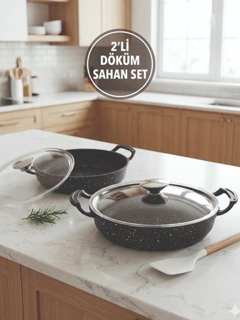 FMS Döküm Granit Sahan Set 2'li 20 cm 22 cm Siyah Kapaklı