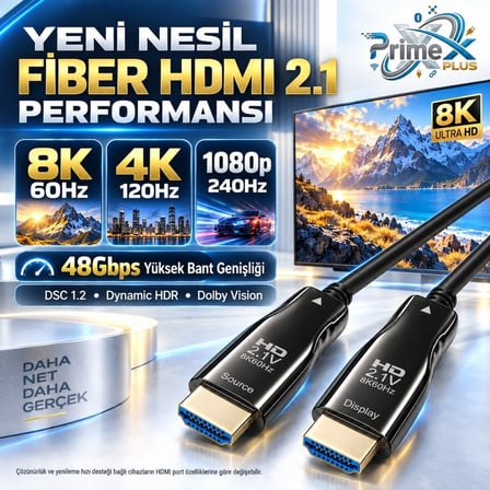 PrimeX PX-FBRHD15 HDMI 2.1 Aktif Fiber Optik Kablo 15 Metre, 8K 60Hz 4K 120Hz 1080p 240Hz, 48Gbps eARC Dynamic HDR VRR ALLM Destekli, SOURCE-DISPLAY Yönlü AOC HDMI Kablosu