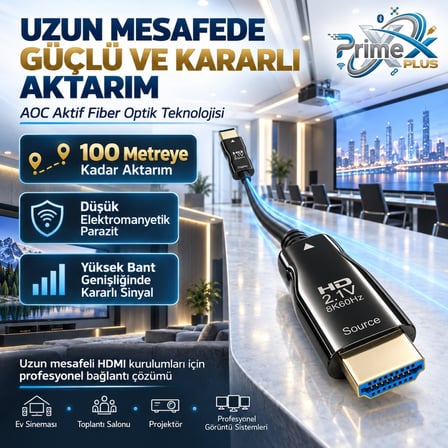 PrimeX PX-FBRHD20 HDMI 2.1 Aktif Fiber Optik Kablo 20 Metre, 8K 60Hz 4K 120Hz 1080p 240Hz, 48Gbps eARC Dynamic HDR VRR ALLM Destekli, SOURCE-DISPLAY Yönlü AOC HDMI Kablosu