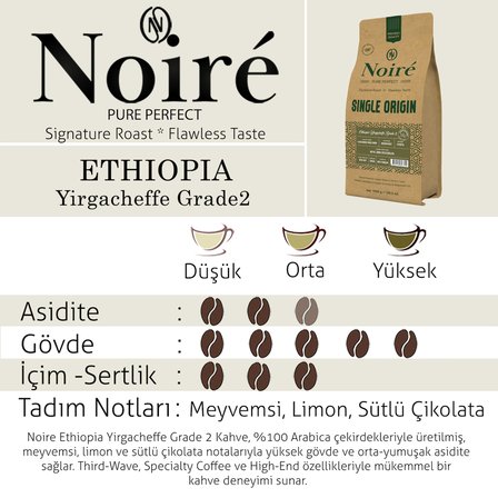 2'li Set Noire Ethiopia Yirgacheffe 1KG %100 Arabica – Orta Sert, Çiçek & Meyve Tadım Notalı Kahve