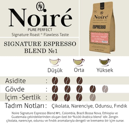 2'li Set Noire Signature Espresso Blend №1 1 KG Çekirdek Kahve %100 Arabica Yüksek Crema Yoğun Aroma