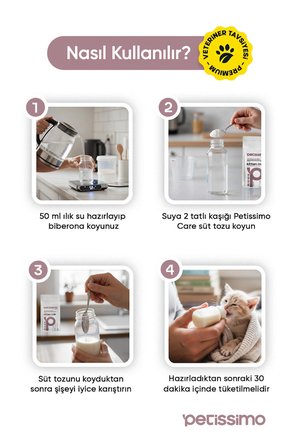 Petissimo Care Yavru Kedi İçin Anne Sütü Destekli Süt Tozu - Biberon Hediyeli - Kitten Milk - 2'li Paket