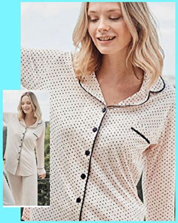Bone Club 5125 Pudra Noktalı Önden Düğmeli Lohusa Pijama Tk
