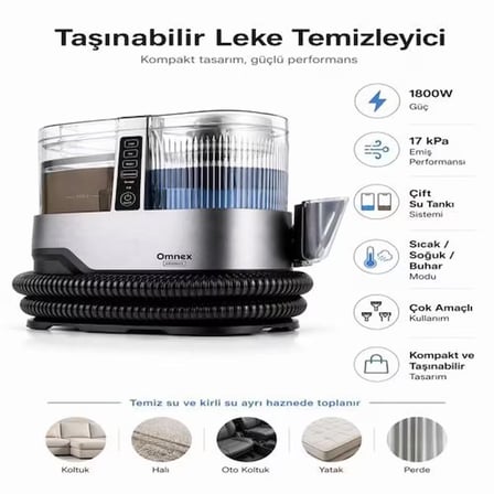 Omnex ArınMax Buharlı Koltuk ve Halı Yıkama Makinesi 17000PA Çift Tanklı Profesyonel Buhar Temizleyici