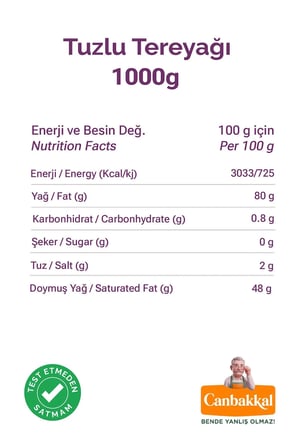 Canbakkal Tuzlu Tereyağı 1 Kg /  %100 Süt Yağından, Renklendirici İçermeyen, Analiz Raporlu (Salmonella Analizli)