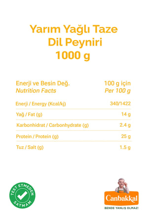 Canbakkal Yarım Yağlı Taze Dil Peyniri 1 Kg / Koruyucu Ve Katkı Maddesi İçermez