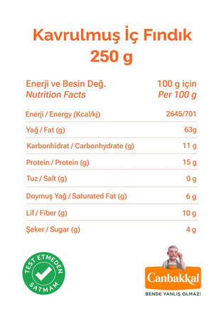 Canbakkal Giresun Kavrulmuş İç Fındık 1 Kg / Çifte Kavrulmuş, 1.Sınıf, Tuzsuz, Kilitli Paket