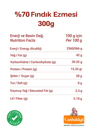 Canbakkal %70 Fındıklı Fındık Ezmesi 300 Gr / Sürülebilir Fındık Kreması Toplam Aflatoksin ve Pestisit Analizli
