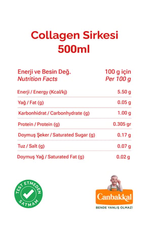Canbakkal Kolajen (Collagen) Sirkesi 500 Ml / Fermente Sirke, Pestisit Analizli