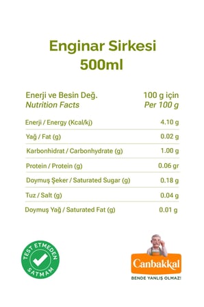 Canbakkal Enginar Sirkesi 500 Ml / Fermente Sebze Sirkesi, Pestisit Analizli