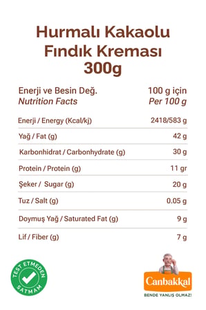 Canbakkal %40 Fındıklı Hurmalı Kakaolu Fındık Kreması 300 Gr / Şekeri Meyveden, Toplam Aflatoksin ve Pestisit Analizli