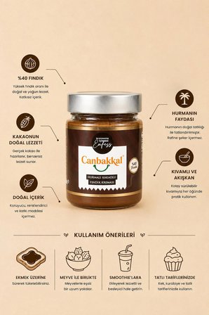 Canbakkal %40 Hurmalı Kakaolu Fındık Kreması 300 g - Şeker İlavesiz & Katkısız