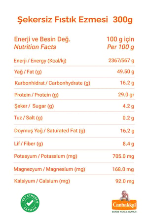 Canbakkal %99,9 Fıstıklı Fıstık Ezmesi 300 Gr / İlave Şekersiz Fıstık Kreması Toplam Aflatoksin ve Pestisit Analizli