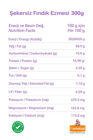 Canbakkal %99,9 Fındıklı Fındık Ezmesi 300 Gr / İlave Şekersiz Fındık Kreması Toplam Aflatoksin ve Pestisit Analizli