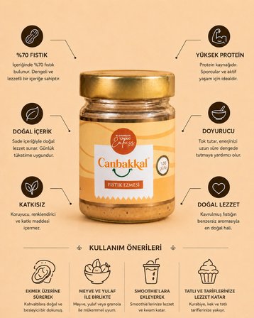 Canbakkal %70 Fıstıklı Fıstık Ezmesi 300 g- Şekersiz & Katkısız Doğal Fıstık Ezmesi