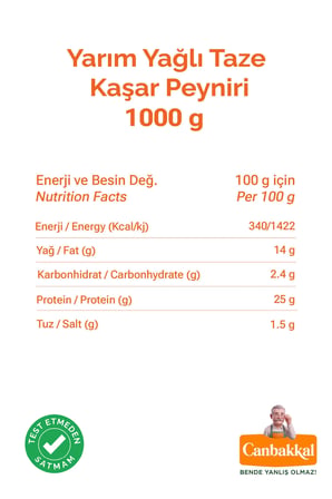 Canbakkal Yarım Yağlı Taze Kaşar Peyniri 1 Kg / Koruyucu Ve Fosfat Tuzu İçermez