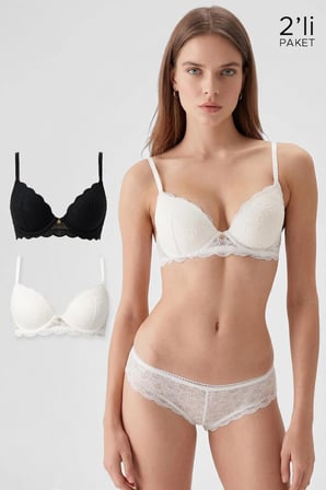Msırlı Kadın 2'li Ekonomik Paket Balenli Soft Push Up Dantelli Sütyen Tak Çıkar B/C/D Cup Seçeneği Siyah-Ekru