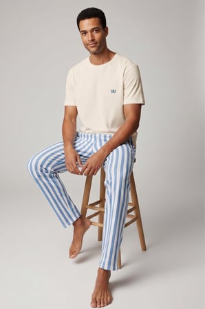 Pamuklu Kısa Kollu Pijama Takım Beyaz-Mavi