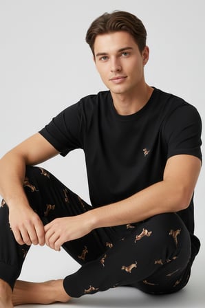 Pamuklu Kısa Kollu Pijama Takım Siyah