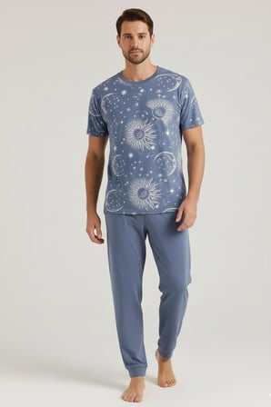 Pamuklu Kısa Kollu Pijama Takım İndigo