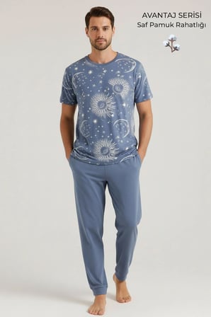 Pamuklu Kısa Kollu Pijama Takım İndigo