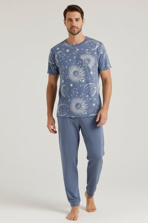 Pamuklu Kısa Kollu Pijama Takım İndigo