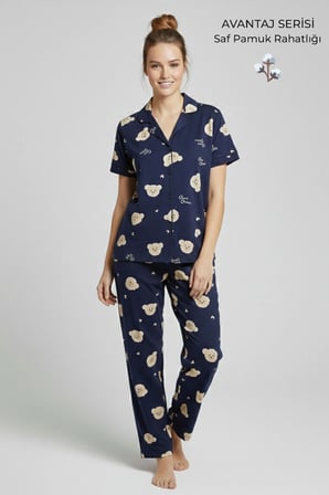 Pamuklu Kısa Kollu Gömlek Pantolon Pijama Takım Lacivert