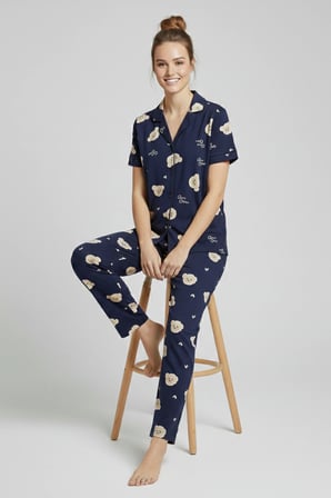 Pamuklu Kısa Kollu Gömlek Pantolon Pijama Takım Lacivert