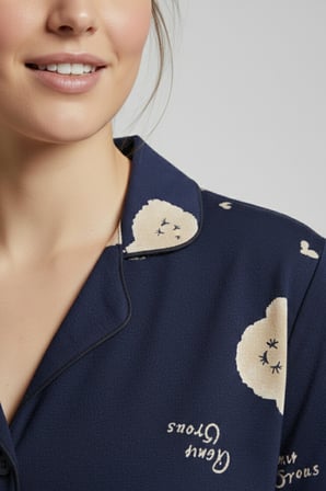 Pamuklu Kısa Kollu Gömlek Pantolon Pijama Takım Lacivert