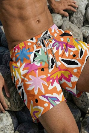 Mısırlı Erkek Abstract Floral Desenli Deniz Şort Hardal