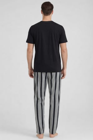 Mısırlı Erkek Pamuklu Bisiklet Yaka Çizgili Pijama Takım Siyah